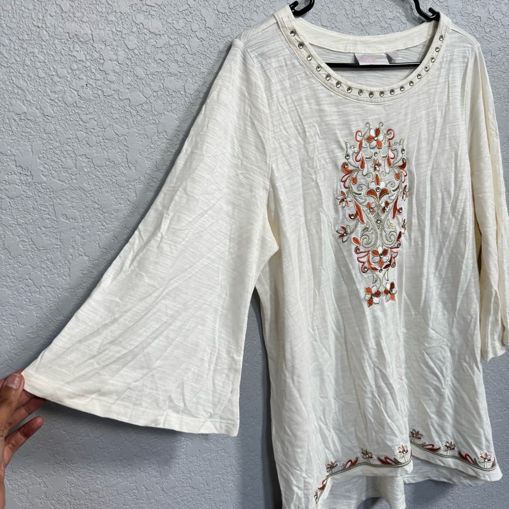 Belle Kim Gravel Embroidered Cream Tunic Top size large - Picture 3 of 5